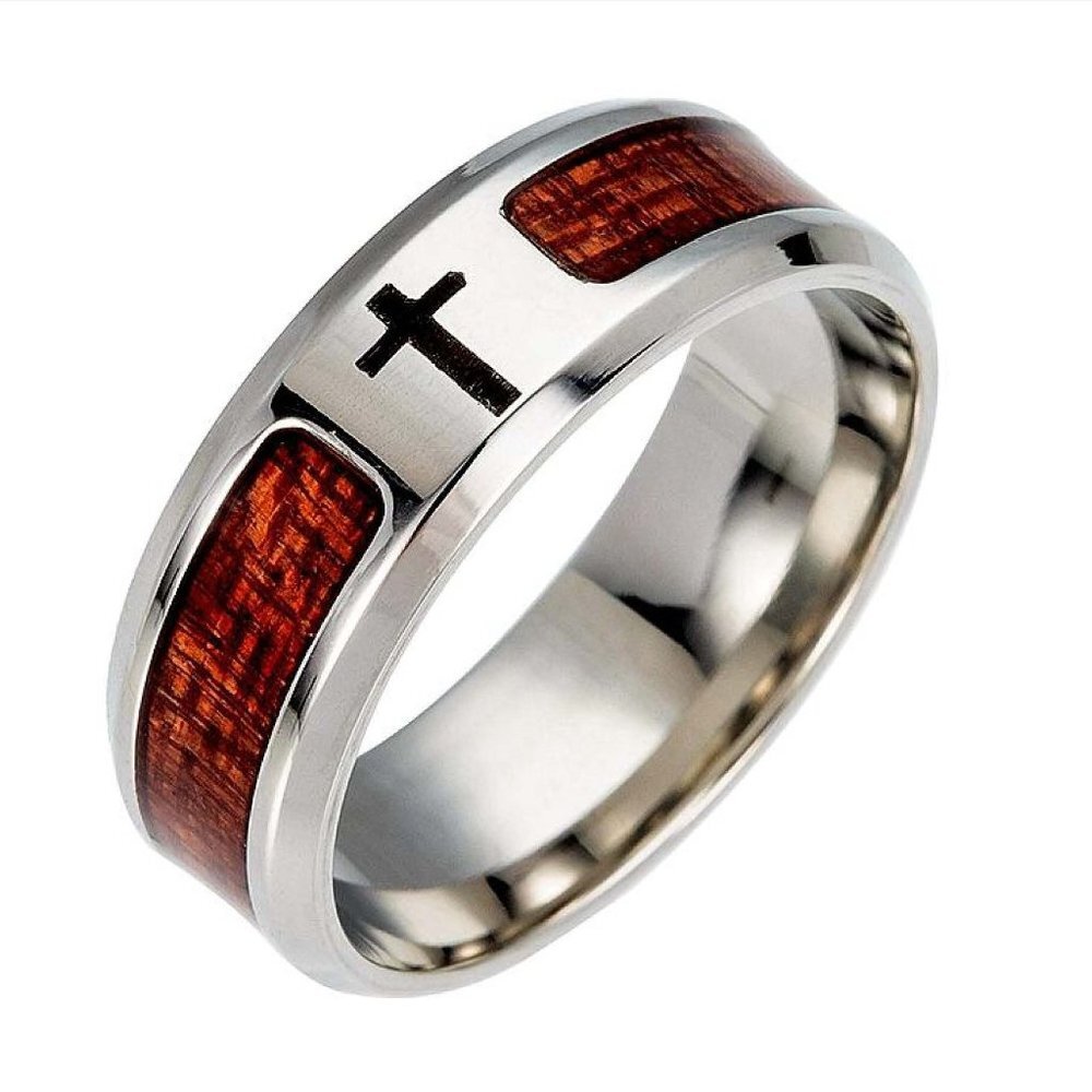 Kyle Titanium Ring w/ Wood Inlay & Christian Cross